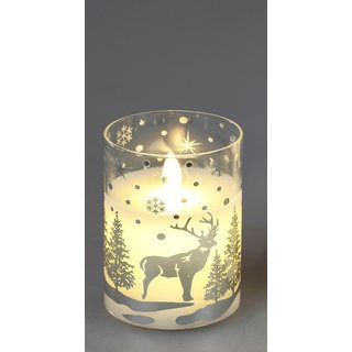 LED Glas Kerze 7x10cm Hirsch silber